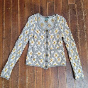 Anthropologie cardigan grey & yellow - Size Small - Argyle, knit, floral pattern